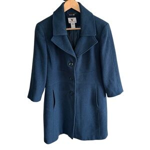 Worthington Women Navy Wool Blend Three-Button Coat Collar Peacoat Petite Medium